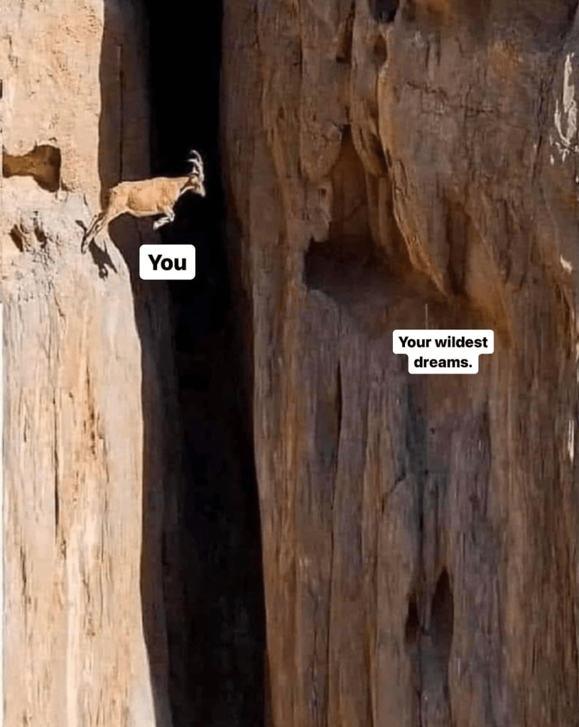 What is faith. A goat taking a leap of faith by jumping from a mountain edge