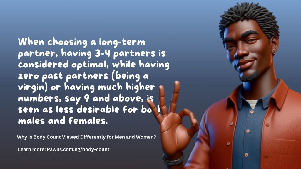 Why Is Body Count Viewed Differently for Men and Women When choosing a long-term partner, having 3-4 partners is considered optimal, while having zero past partners (being a virgin) or having much higher