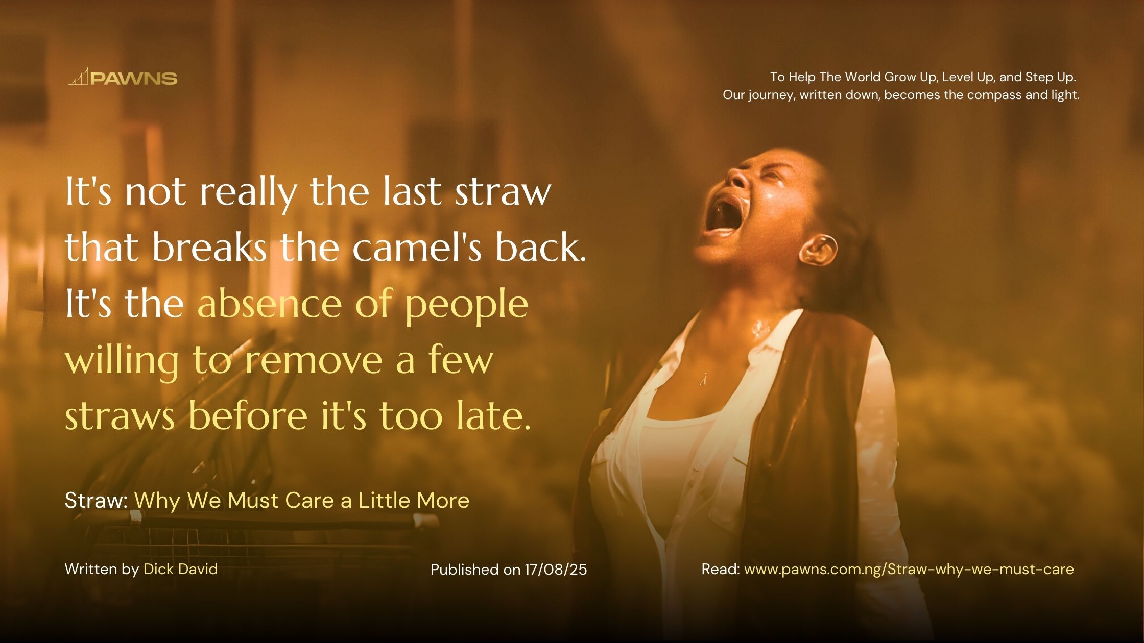 It's not really the last straw that breaks the camel's back. It's the absence of people willing to remove a few straws before it's too late. Straw Why We Must Care a Little More