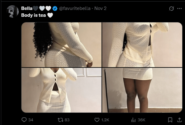 Twitter post by verified user @favoritebella on Nov 2 with caption "Body is tea" showing a figure in a four-panel collage wearing a white/light yellow textured knit cardigan and matching mini-skirt. The post has 34 comments, 83 retweets, 1.2K likes, and 36K views.