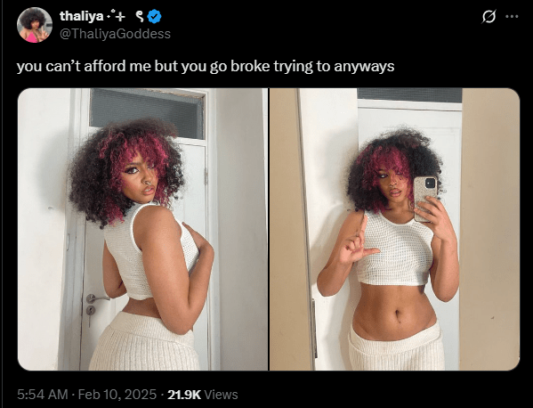 Twitter post by verified user THALIYA✨ (@ThaliyaGoddess) on Feb 10, 2025 with caption: "you can't afford me but you go broke trying to anyways". The image is a two-panel photo of Thaliya wearing a white knit crop top and skirt, posing to show her midriff and pink-dyed hair. The post has 21.9K views.