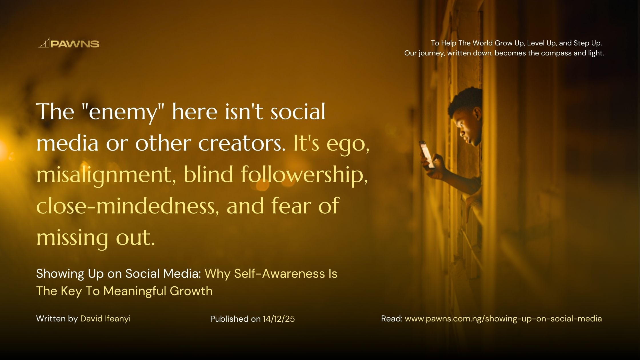 Showing Up on Social Media: Why Self-Awareness Is The Key To Meaningful Growth 1 The enemy here isn't social media or other creators. It's ego, misalignment, blind followership, close-mindedness, and fear of missing out. Showing Up on Social Media Why Self-Awa
